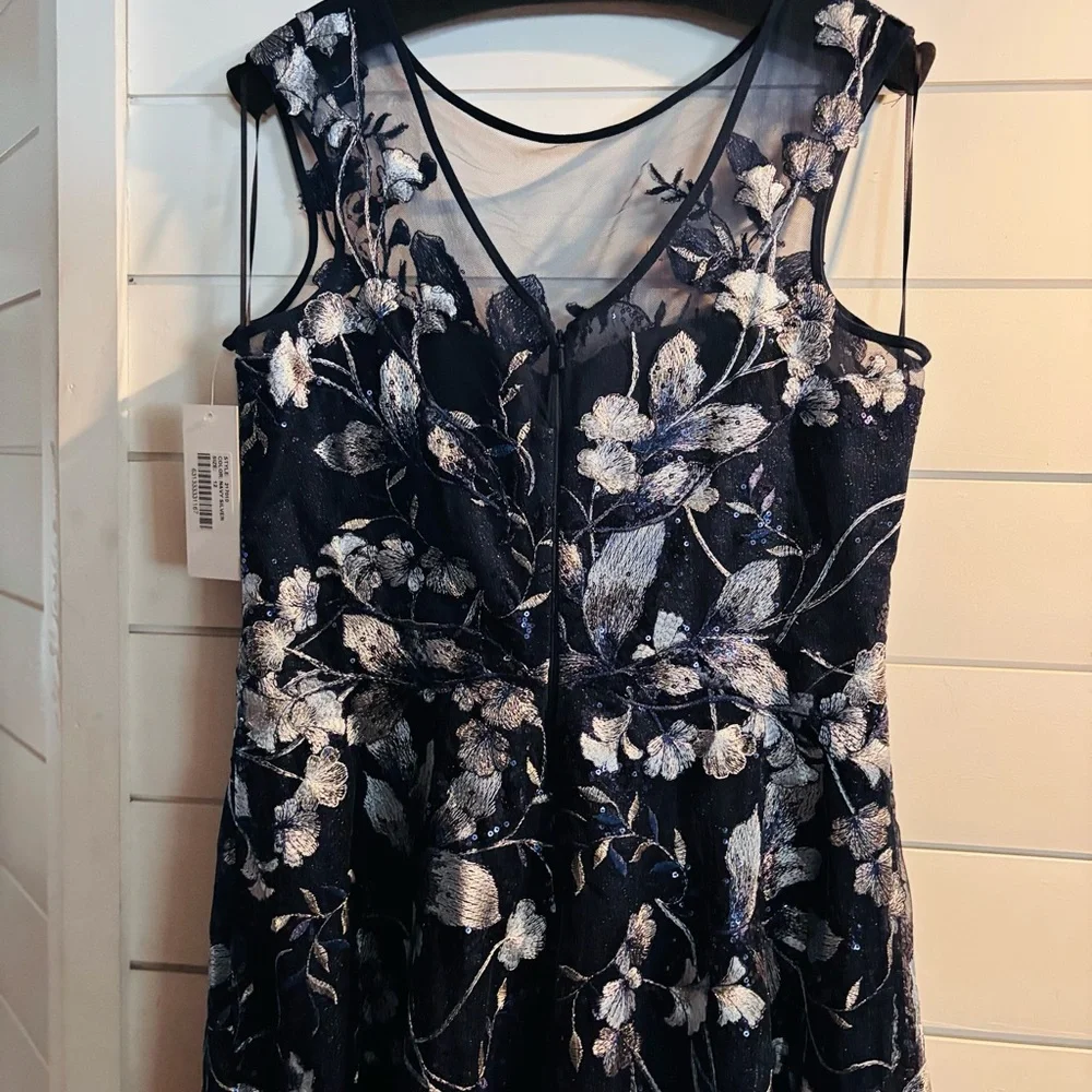 Teri Jon Navy Maxi Dress with Silver Floral Embroidery - Picture 13 of 14